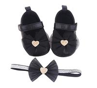 Scarpe primi passi da bambina con fiori morbidi da principessa, 1 anno, con fiocco per capelli, antiscivolo, traspiranti, leggere, tinta unita, flessibili e confortevoli, Nero , 20.5 EU