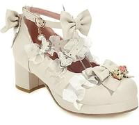Scarpe Rockabilly per Le Donne Ragazza Cross Strap Tacco Grosso Lolita Piattaforma Mary Jane Scarpe per La Scuola, Beige, 2.5 UK