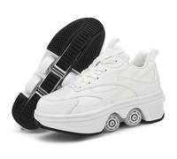 Scarpe Skate Ruote Nascoste Design 2 in 1 Chiusura Manopola Rotolamento Morbido Base Resistente Supporto Tallone Rinforzato per Gioco Quotidiano Viaggi,Bianca,33 EU