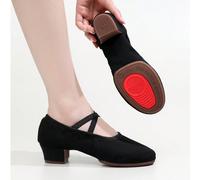 Scarpe sportive da donna in puro nero con tacco medio-basso da 3 cm, scarpe da ballo in tela con 2 cinturini e bocca elastica, suola in gomma per sport all'aperto, danza jazz/moderna/salsa/competizion