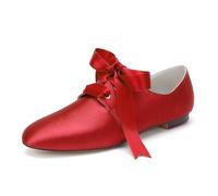 Scarpe Sposa Basse Donna Satin Matrimonio Stringate Flat Scarpe da Damigella D'onore1cm,Rosso,42 EU