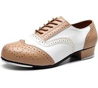 Scarpe Tap Dae da Uomo, Tacco Basso, Ampia Calzata Slip On Soft Leather Jazz Shoe, Scarpe Dae Tap in Pelle Allacciate, Scarpe Dae Traspiranti per Il Giovane Daer, Apricot White, 44 EU
