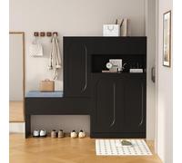 Scarpiera 130 × 35 × 110 cm alla moda 2 in 1 con ante curve, porta pieghevole con funzione soft close, scomparti regolabili in altezza e panca imbottita, colore nero