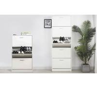 BAKAJI Scarpiera Salvaspazio Slim Portascarpe in Legno MDF con 3 Ante Laccate Bianco Lucido Porta Scarpe a Ribalta e Doppia Profondità Dimensioni 59 x 22 x 105 cm