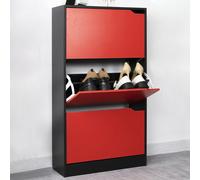 BAKAJI Scarpiera Portascarpe in Legno MDF con 3 Ante Porta Scarpe a Ribalta Maniglie a Scomparsa Doppia Profondità Dimensioni Compatte Slim 63 x 24 x 115 cm Salvaspazio Ingresso Casa (Rosso e Nero)