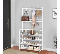 Scarpiera a 4 ripiani con 8 ganci appendiabiti per camera da letto, corridoio, ufficio, colore bianco, 155 x 80 x 26 cm, soluzione elegante per riporre scarpe e cappotti