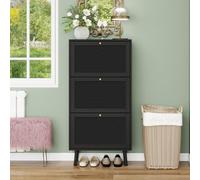 Scarpiera a tre ripiani, design bohémien, con effetto a righe, suddivisione interna regolabile, robusta struttura in legno di pino e superficie antigraffio per corridoio, ingresso (nero)