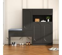 Scarpiera alla moda 2 in 1 con ante curve, porta pieghevole con funzione soft close, scomparti regolabili in altezza e panca imbottita, 130 x 35 x 110 cm (nero)