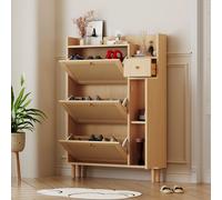 Scarpiera Anajqaqia in rattan, realizzata in legno, 3 ante inclinabili e 1 cassetto, con gambe e maniglie in legno massello, 90×125×17 cm