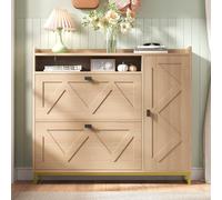 Scarpiera con coperchio incernierato, doppio coperchio pieghevole + armadio laterale, scomparto superiore aperto, porte geometriche in rilievo, struttura in metallo, armadietto per ingresso, scarpiera