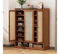 Scarpiera da ingresso con ante nascoste, credenza rustica in rovere e rattan, con ripiani regolabili, marrone, 2 misure