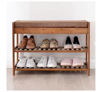 Scarpiera in bambù con seduta imbottita, scarpiera a 2 ripiani, supporta fino a 100 kg, può contenere 4-8 paia, ideale per corridoio e ingresso. Dimensioni: 52/70/90 x 29 x 48 cm