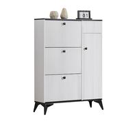 Scarpiera Inclinata Stretta con 3 Ante Ribaltabili, Cassetto e Porta - Armadio Scarpe Moderno per Ingresso Piccolo (90x25x121 cm), Design Anti-Ribaltamento, Organizzatore Multifunzionale (Bianco+Nero)