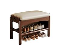 Scarpiera Mid-Century con cuscino in pelle, ottomana a 2 ripiani, contenitore da ingresso in legno massello, noce e bianco, lunghezza ripiano 60 cm, per corridoio e soggiorno