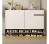 Scarpiera moderna in legno con ripiani regolabili, 1 cassetto e 4 ante, elegante per ingresso, garage, camera da letto, grigio/bianco, 140 cm di lunghezza x 32 cm di larghezza x 99 cm di altezza.