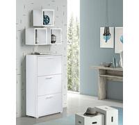 Scarpiera Peonia, Mobile Multiuso da Ingresso con 3 Ante a ribalta, Armadietto portascarpe a Doppia profondità, 100% Made in Italy, 67x28h112 cm, Bianco
