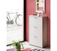 Scarpiera Peonia, Mobile Multiuso da Ingresso con 3 Ante a ribalta, Armadietto portascarpe a Doppia profondità, 100% Made in Italy, 67x28h112 cm, Bianco e Olmo