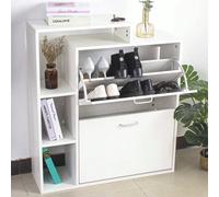 Scarpiera Portascarpe Salvaspazio Slim con Scaffale Libreria 4 Ripiani in Legno MDF 2 Ante a Ribalta E Doppia Profondita' Dimensioni 80 x 24 x 90,5 cm Design Moderno Colore Bianco Per una casa moderna