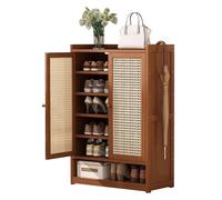 Scarpiera rustica in rattan per ingresso con ante e spazio aperto, elegante organizer per scarpe per corridoio, soggiorno e armadio. Mobili salvaspazio.