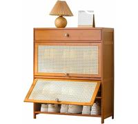 Scarpiera sottile e stretta, soluzione salvaspazio con cassetti pieghevoli e ante in rattan per ingresso