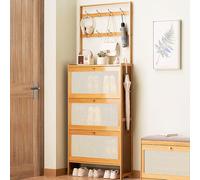 Scarpiera sottile in bambù con ganci, autoportante, stretta e appendiabiti, per ingresso, elegante cassettiera a ribalta, design salvaspazio, 70 x 24 x 186 cm