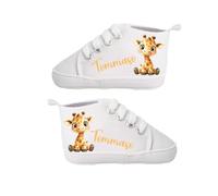 Scarpine Neonato Personalizzabili con Nome - Morbide Scarpe Prima Infanzia in Cotone - Idea Regalo Nascita, Battesimo, Baby Shower (Giraffa, 0-3 Mesi)