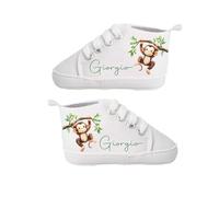 Scarpine Neonato Personalizzabili con Nome - Morbide Scarpe Prima Infanzia in Cotone - Idea Regalo Nascita, Battesimo, Baby Shower (Scimmietta, 6-9 Mesi)