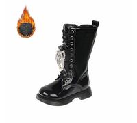 Scarponcini Bambina 31 - Invernali Caldi in Pile Foderati con Gambale Lungo in Pelle A metà Polpaccio Piccoli Suola Antiscivolo (Black 34 Big Kids)