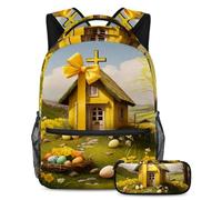 Scatena il tuo potenziale con il set di 2 zaini, zaino grande capacità e astuccio combinato, casa croce pasquale gialla, Multicolore, B：29.4x20x40cm P：19x7.5x3.8cm, Zaini Daypack