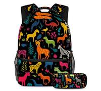 Scatena il tuo potenziale con il set di 2 zaini, zaino grande capacità e astuccio combinato, silhouette animale nero, Multicolore, B：29.4x20x40cm P：19x7.5x3.8cm, Zaini Daypack