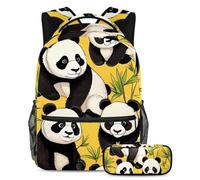 Scatena il tuo potenziale con il set di 2 zaini, zaino grande capacità e astuccio combinato, simpatico panda su giallo, Multicolore, B：29.4x20x40cm P：19x7.5x3.8cm, Zaini Daypack