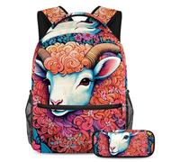 Scatena il tuo potenziale, zaino con astuccio, perfetto set di zaini per la scuola per ragazzi, ragazze e adolescenti in missione, disegno a colori con pecore, Multicolore#03, B：29.4x20x40cm\
