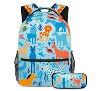 Scatena il tuo potenziale, zaino con astuccio, set perfetto per la scuola per ragazzi, ragazze e adolescenti in missione, silhouette animale blu, Multicolore, B：29.4x20x40cm P：19x7.5x3.8cm, Zaini