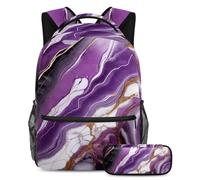 Scatena il tuo potenziale, zaino con astuccio, set perfetto per la scuola per ragazzi, ragazze e adolescenti in missione, texture marmo viola, Multicolore, B：29.4x20x40cm P：19x7.5x3.8cm, Zaini