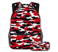Scatena il tuo potenziale, zaino con astuccio, set perfetto per la scuola per ragazzi, ragazze e adolescenti in missione, motivo mimetico rosso, Multicolore#03, B：29.4x20x40cm P：19x7.5x3.8cm, Zaino