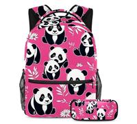Scatena il tuo potenziale, zaino con astuccio, set perfetto per la scuola per ragazzi, ragazze e adolescenti in missione, simpatico panda su rosa, Multicolore, B：29.4x20x40cm P：19x7.5x3.8cm, Zaini