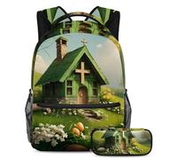 Scatena il tuo stile con il set di 2 zaini per la scuola per ragazzi ragazze adolescenti, casa croce pasquale verde, Multicolore, B：29.4x20x40cm P：19x7.5x3.8cm, Zaini Daypack