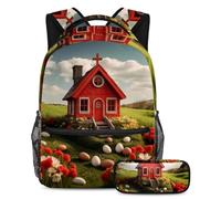 Scatena il tuo stile con questo set di 2 zaini, zaino con astuccio per studenti, casa rossa con croce pasquale, Multicolore, B：29.4x20x40cm P：19x7.5x3.8cm, Zaini Daypack