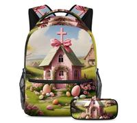 Scatena la tua creatività con questo set di 2 zaini, zaino e astuccio per ragazzi, ragazze e adolescenti, casa con croce pasquale rosa, Multicolore, B：29.4x20x40cm P：19x7.5x3.8cm, Zaini Daypack