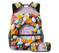 Scatena la tua creatività, zaino con astuccio, il set perfetto per ragazzi artistici, ragazze e adolescenti, ghirlanda bianca di buona Pasqua, Multicolore, B:29.4x20x40cm P:19x7.5x3.8cm, Zaini