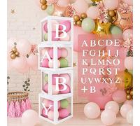 Scatola Baby Shower, 4 Pezzi Scatole Decorative Baby, 25cm Cubi Trasparente Baby con 27 Lettere per Baby Shower Decorazioni, Compleanno, Battesimo Bimbo Bimba, Gender Reveal Party