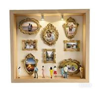 Scatola con Silhouette Mini museo Fai-da-Te, vetrina con Silhouette illuminata a LED con Figurine in Legno, Kit Cornice di Memoria per la Decorazione della Parete di casa(Wood Color)