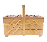 Scatola da cucito di alta qualità, in legno impiallacciato con 7 scomparti e rivestimento in tessuto, motivo ago, 42 x 20 x 21 cm (lunghezza x larghezza x altezza)