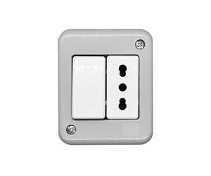 Scatola da esterno da parete, 2 moduli, con presa bipasso bivalente 10A 16A e modulo 4 in 1, interruttore, deviatore, invertitore e pulsante, IP40 per interno, cassetta fissaggio a muro