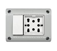 Scatola da esterno da parete, 3 moduli, con presa multistandard schuko 10A 16A e modulo 4 in 1, interruttore, deviatore, invertitore e pulsante, IP40 per interno, cassetta fissaggio a muro