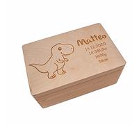 Scatola dei ricordi personalizzata per neonati e bambini, scatola in legno, Dino, regalo personalizzato per nascita, scatola con nome e dati di nascita, 40 x 30 x 22 cm