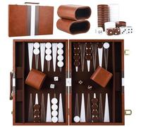 Scatola di backgammon in legno, set di backgammon da viaggio classico per 2 giocatori con custodia in pelle di alta qualità e tazza per dadi per campeggiatori e viaggiatori
