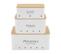 Scatola di Conservazione Patate, Set di Conservazione Aglio Cipolla Fresca, Organizzatore Ventilato per Verdure in Acciaio al Carbonio con Coperchio in Bambù da Taglio, Accessorio Cucina Moderno