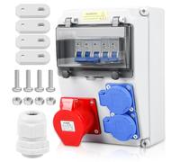 Scatola di distribuzione, distributore di corrente da cantiere, distributore da parete, con interruttore automatico, 2 prese Schuko e CEE 16A, distributore di corrente impermeabile, completamente