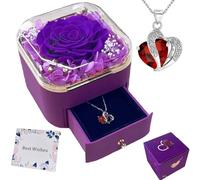 Scatola di rose eterne viola con collana a forma di cuore, romantico regalo di San Valentino per lei, sorpresa per la festa della mamma